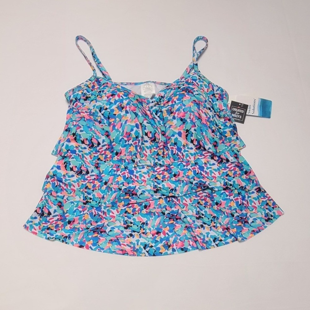 Swim Solutions Women's Plus Size 18 Abstract Tiered Ruffle Tankini Top NWT